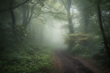 Misty path through dense woodland. Eerie nature scene. Generative AI