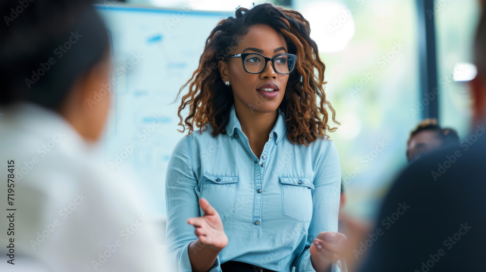 Poster professional woman giving a presentation with various charts and graphs in the background