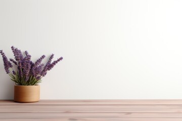 Empty wooden lavender table over white wall background