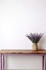 Empty wooden lavender table over white wall background