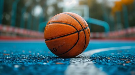 A basketball lying on the court