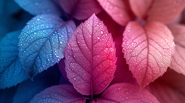 Macro leaves background texture blue, turquoise, pink color. Bright expressive colorful beautiful artistic image of nature.