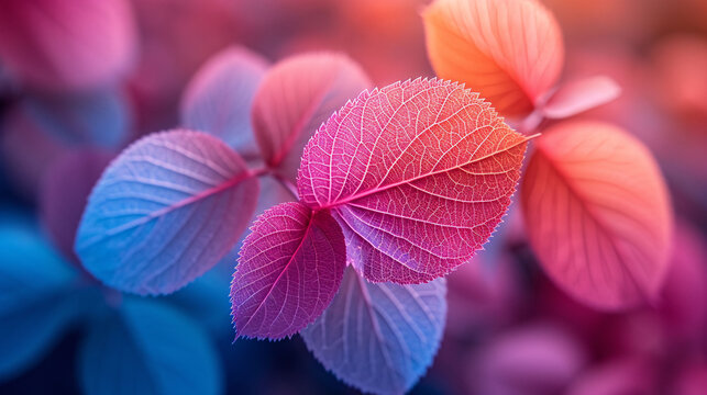 Macro leaves background texture blue, turquoise, pink color. Bright expressive colorful beautiful artistic image of nature.