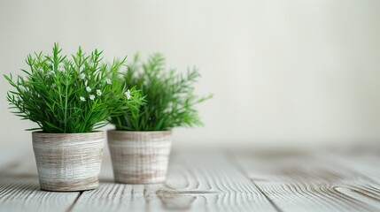 Two pots with fresh juicy green herbs on wooden gray surface, blurred grey interior background for...
