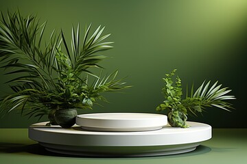 Product Podium - White Podium, Green Background With Plants. 3D Illustration