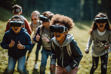 Naklejka premium group of children, full of joy and excitement, run through a forest, each wearing a VR headset, virtual reality game set in the natural world