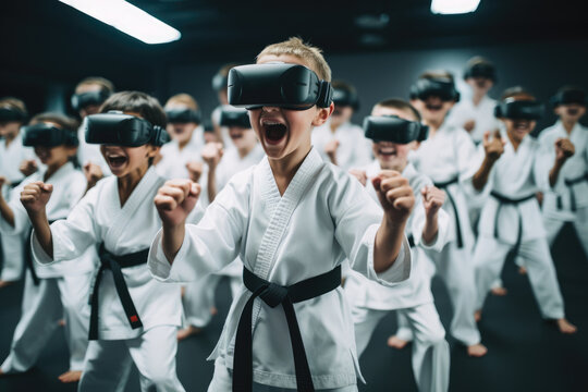 class of young martial arts students are equipped with VR headsets, poised in karate stances, training session where technology meets traditional martial arts