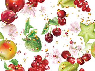 Seamless bright pattern of fruits and drops of juice.Vector mesh