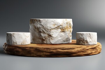 Product Podium - White Stone Podiums, White Background. 3D Illustration