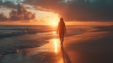 She walks on the beach sunset