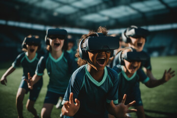 group of kids in a stadium setting wear VR headsets, experiencing a captivating adventure in the metaverse