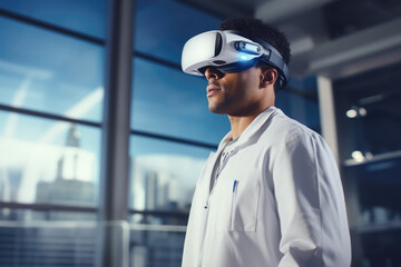 medical professional in a lab coat stands confidently while using a VR headset, presumably exploring advanced medical simulations