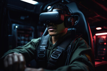 military personnel in full gear is immersed in a virtual reality simulation, set against a backdrop of a high tech control room - obrazy, fototapety, plakaty