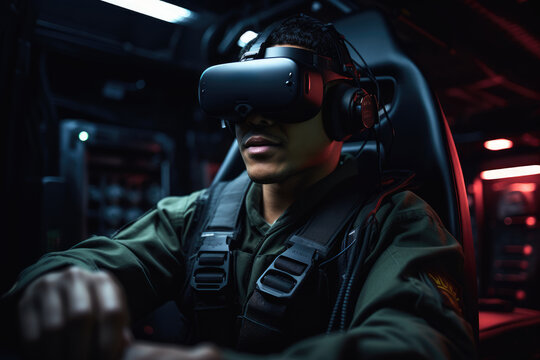 military personnel in full gear is immersed in a virtual reality simulation, set against a backdrop of a high tech control room
