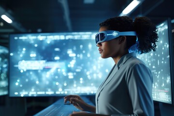 woman stands before a futuristic interface in a VR headset, navigating a complex digital landscape within the metaverse