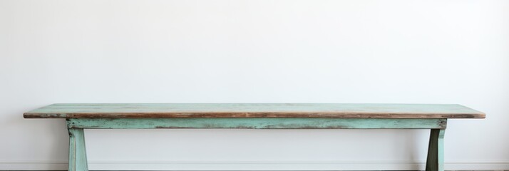 Empty wooden mint table over white wall background