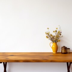 Empty wooden mustard table over white wall background