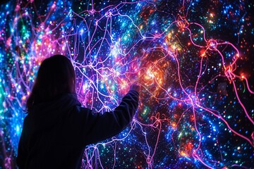 An intricate neon web connecting celestial phenomena