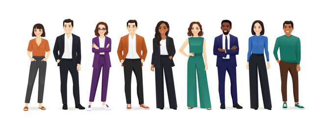 Group of happy diverse multiethnic young business people standing together. Isolated vector illustration - obrazy, fototapety, plakaty