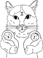 Coloring cartoon Gemini cat holds adorable twins - Vector zodiac illustration
