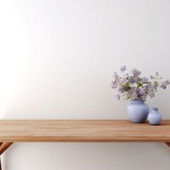 Empty wooden periwinkle table over white wall background