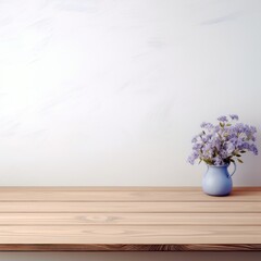 Empty wooden periwinkle table over white wall background