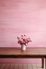 Empty wooden pink table over white wall background