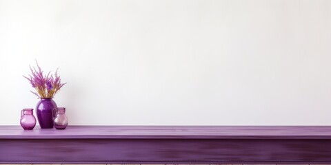 Empty wooden purple table over white wall background