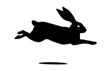 Jumping Rabbit silhouette. Easter Bunny. Isolated on white background. A simple black icon of hare. Cute animal. Ideal for logo, emblem, pictogram, print, design element for greeting card, invitation