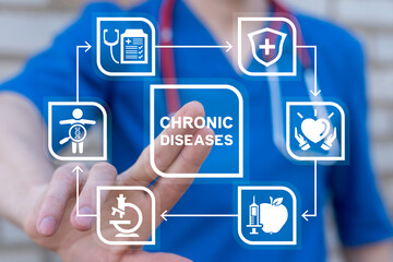Doctor using virtual touch screen presses inscription: CHRONIC DISEASES. Chronic disease management medical concept. Health care innovation chronic Illness treatment.