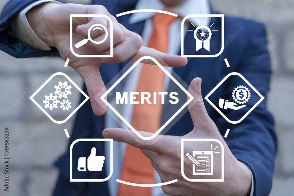 Poster business man using virtual touch interface sees word: merit. demerit and merit evaluation, advantage