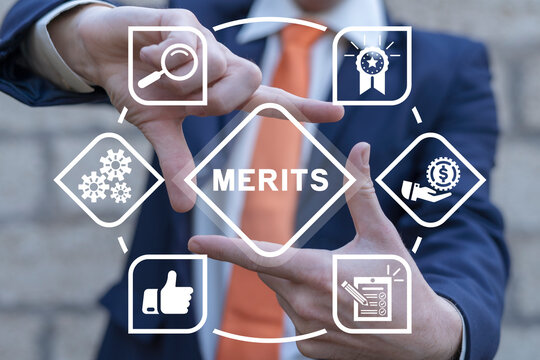 Business man using virtual touch interface sees word: MERIT. Demerit and merit evaluation, advantage and disadvantage in comparison, performance assessment, judgment, business concept.