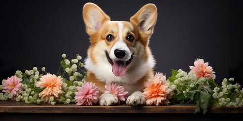 Romantic dog with a delicate flowers. Welsh Corgi Dog with flowers isolated on white background. Close up.