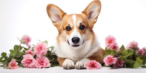 Romantic dog with a delicate flowers. Welsh Corgi Dog with flowers isolated on white background. Close up.