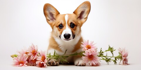 Romantic dog with a delicate flowers. Welsh Corgi Dog with flowers isolated on white background. Close up.