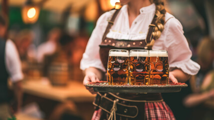 Girl in German traditional costume with tray and beer glasses smiling, German beer