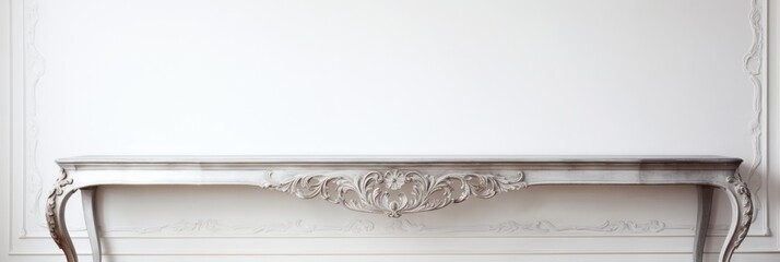 Empty wooden silver table over white wall background