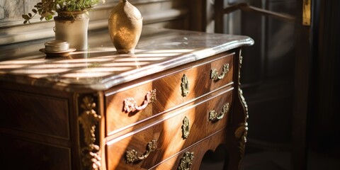 Antique furniture with marble top drawer, wooden adornments, and sunlight.
