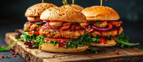 Delicious assorted of chicken burger, shrimp burger and beefburger on wooden board. Generated AI - obrazy, fototapety, plakaty