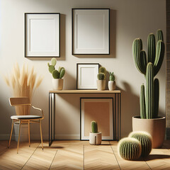 Basic Minimalist Boho Style Living Room Interior Wall Poster Painting Mockup with Beige Walls, Tile Floor, & Beautiful Desert Cactus Design on Tables in a Contemporary Modern Home. White, Green, Brown - obrazy, fototapety, plakaty
