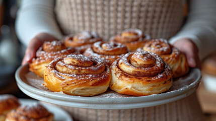 Freshly baked cinnamon buns on a plate held by a woman