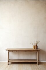 Empty wooden taupe table over white wall background