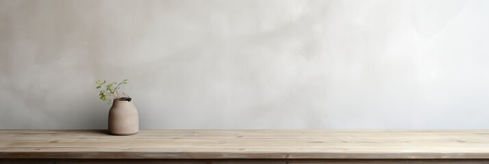 Empty wooden taupe table over white wall background