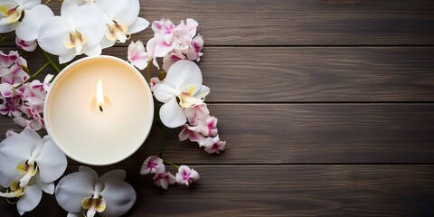 Spa still life concept,Close up of spa theme on wood background with burning candle and bamboo leaf and flower,