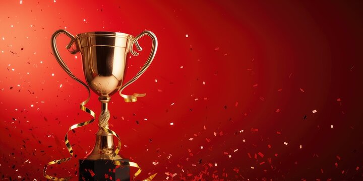 Golden trophy and streamers, red background with copy space