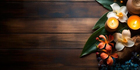 Spa still life concept,Close up of spa theme on wood background with burning candle and bamboo leaf...