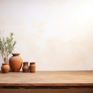 Empty wooden terracotta table over white wall background