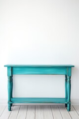 Empty wooden turquoise table over white wall background