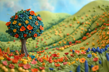 Tree with multicolored flowers in a blooming meadow. Plasticine art. Spring landscape diorama. Nature and garden concept. Illustration for banner, design 