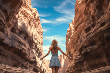 A young woman looking up at the sky deep in a spectacular canyon like the Grand Canyon. Travel, the concept of natural grandeur. - obrazy, fototapety, plakaty